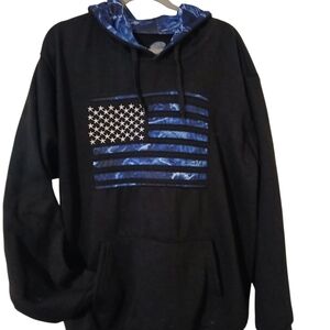 Black Hoodie with Tie Dye Blue Design Flag & Hood.